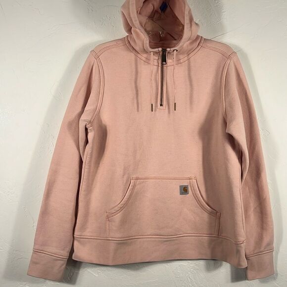 🔥🔥 CARHARTT Light Pink Quarter Zip HOODIE Sweatshirt - Youth Sz L / Women Sz M - Picture 1 of 10